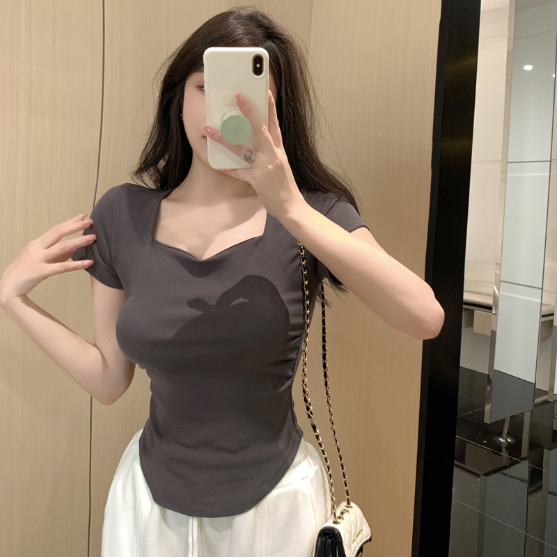 春夏季韩版气质海鸥领褶皱纯色纯棉短袖T恤辣妹纯欲上衣女