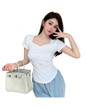 春夏季韩版气质海鸥领褶皱纯色纯棉短袖T恤辣妹纯欲上衣女