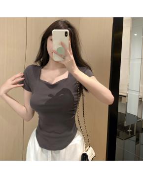 春夏季韩版气质海鸥领褶皱纯色纯棉短袖T恤辣妹纯欲上衣女