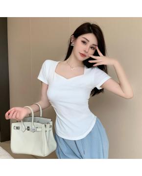 春夏季韩版气质海鸥领褶皱纯色纯棉短袖T恤辣妹纯欲上衣女