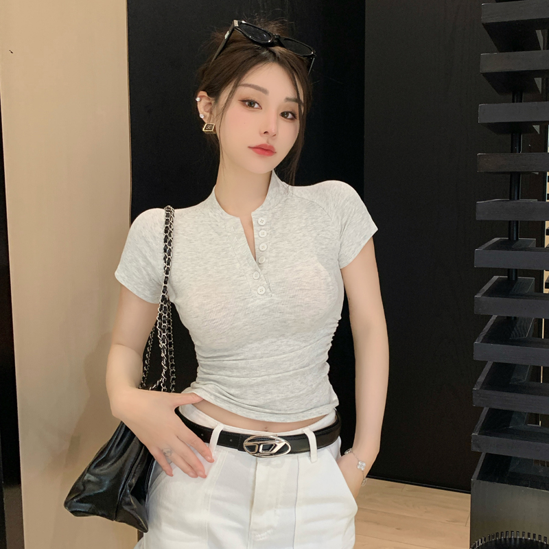 夏季新款美式辣妹风半扣领短款修身显瘦螺纹短袖T恤上衣女