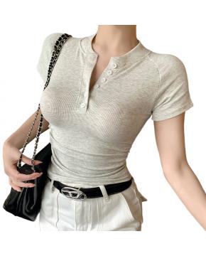 夏季新款美式辣妹风半扣领短款修身显瘦螺纹短袖T恤上衣女