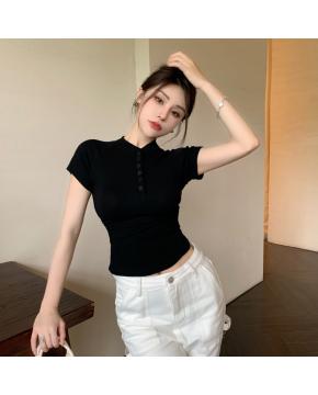 夏季新款美式辣妹风半扣领短款修身显瘦螺纹短袖T恤上衣女