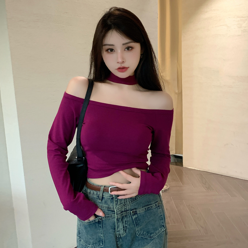 韩版辣妹春季t恤新款修身显瘦短款一字肩露肩挂脖上衣打底女