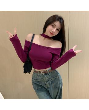 韩版辣妹春季t恤新款修身显瘦短款一字肩露肩挂脖上衣打底女