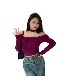 韩版辣妹春季t恤新款修身显瘦短款一字肩露肩挂脖上衣打底女