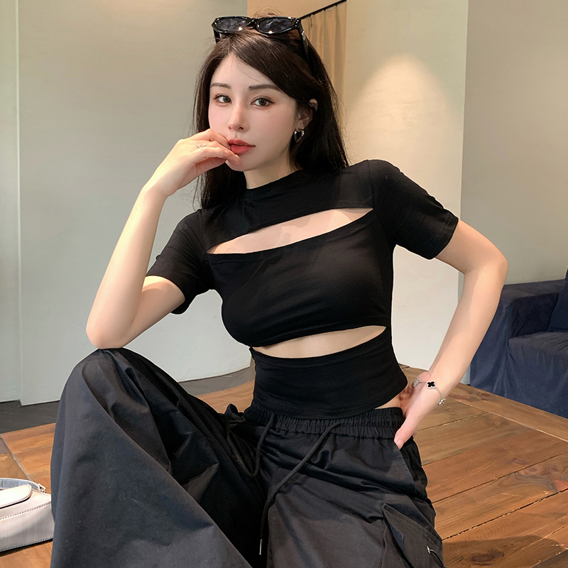 夏季韩版纯欲镂空设计感小众美式辣妹短款修身显瘦短袖T恤
