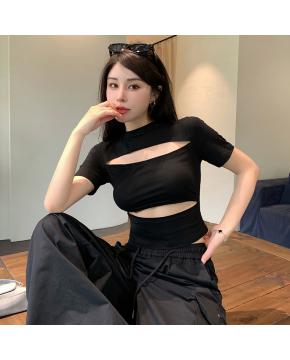 夏季韩版纯欲镂空设计感小众美式辣妹短款修身显瘦短袖T恤