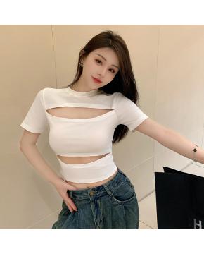 夏季韩版纯欲镂空设计感小众美式辣妹短款修身显瘦短袖T恤