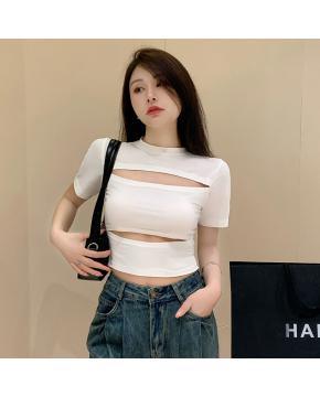 夏季韩版纯欲镂空设计感小众美式辣妹短款修身显瘦短袖T恤