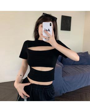 夏季韩版纯欲镂空设计感小众美式辣妹短款修身显瘦短袖T恤