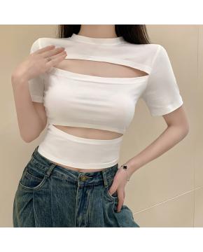 夏季韩版纯欲镂空设计感小众美式辣妹短款修身显瘦短袖T恤