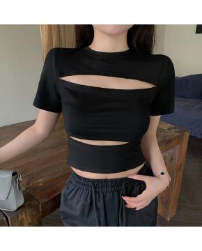 夏季韩版纯欲镂空设计感小众美式辣妹短款修身显瘦短袖T恤