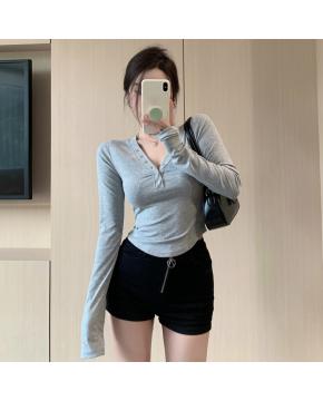 辣妹气质v领长袖正肩T恤女秋季修身收腰打底衫内搭小众上衣