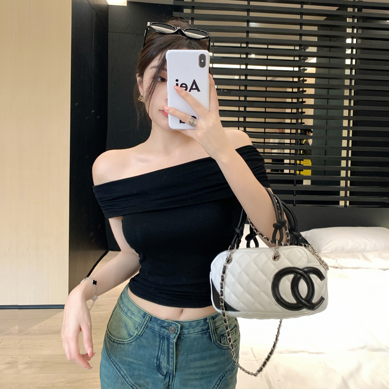 夏季甜辣性感一字肩T恤女修身纯欲T恤小众露肩短款上衣