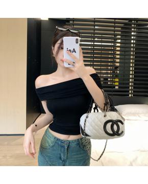 夏季甜辣性感一字肩T恤女修身纯欲T恤小众露肩短款上衣