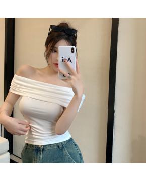夏季甜辣性感一字肩T恤女修身纯欲T恤小众露肩短款上衣