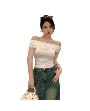 夏季甜辣性感一字肩T恤女修身纯欲T恤小众露肩短款上衣