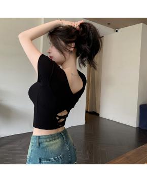 纯欲风夏季辣妹镂空美背正肩短袖T恤女小众设计显瘦短款上衣