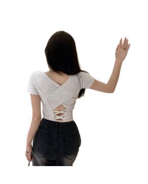 纯欲风夏季辣妹镂空美背正肩短袖T恤女小众设计显瘦短款上衣