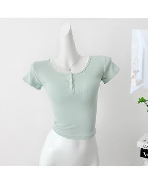韩版夏季新款纯欲蕾丝花边拼接短袖t恤女设计感正肩短款修身上衣