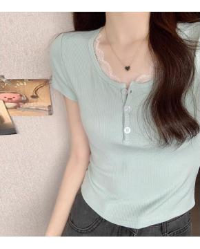 韩版夏季新款纯欲蕾丝花边拼接短袖t恤女设计感正肩短款修身上衣