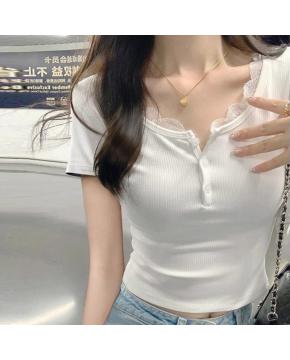 韩版夏季新款纯欲蕾丝花边拼接短袖t恤女设计感正肩短款修身上衣