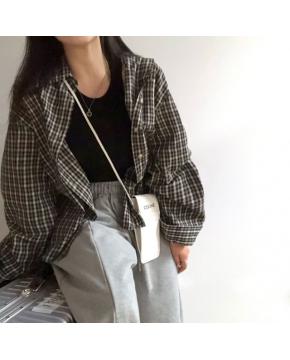 春季百搭通勤翻领格子衬衫宽松舒适格纹衬衣