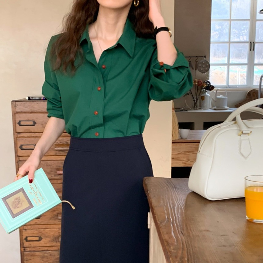 韩系 糖果色洋气百搭 纯色气质翻领单排扣长袖衬衫