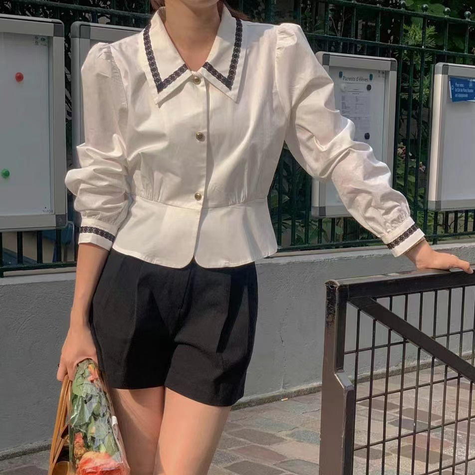 法式复古小众撞色娃娃领蕾丝拼接泡泡袖衬衫上衣