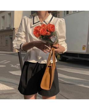 法式复古小众撞色娃娃领蕾丝拼接泡泡袖衬衫上衣