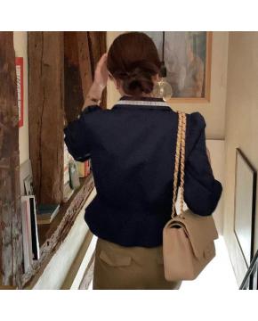 法式复古小众撞色娃娃领蕾丝拼接泡泡袖衬衫上衣