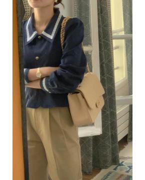 法式复古小众撞色娃娃领蕾丝拼接泡泡袖衬衫上衣