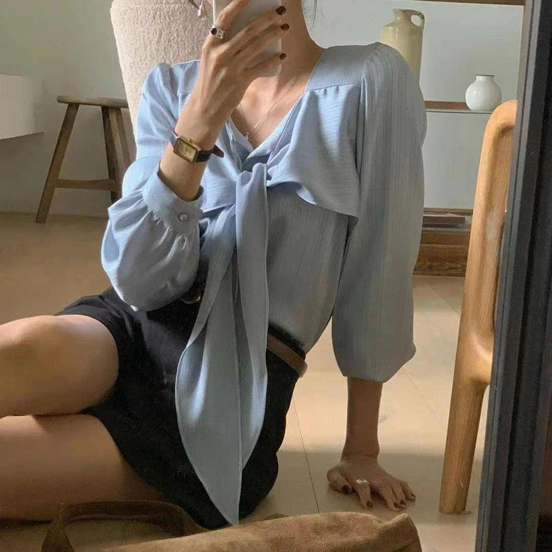 INS博主款 法式气质优雅百搭系带飘领衬衫女上衣