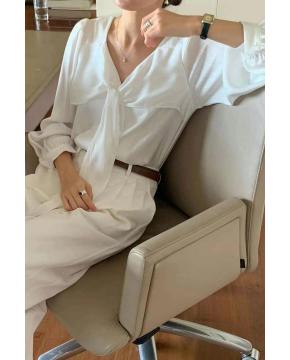 INS博主款 法式气质优雅百搭系带飘领衬衫女上衣