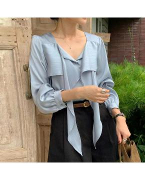 INS博主款 法式气质优雅百搭系带飘领衬衫女上衣