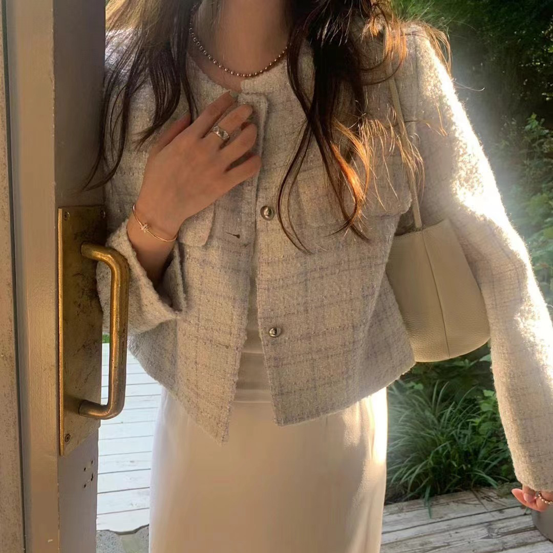 韩国chic法式气质优雅单排扣粗花呢小香风短外套