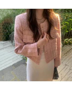 韩国chic法式气质优雅单排扣粗花呢小香风短外套