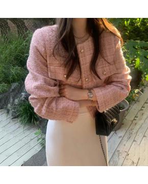 韩国chic法式气质优雅单排扣粗花呢小香风短外套