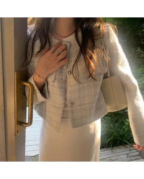 韩国chic法式气质优雅单排扣粗花呢小香风短外套