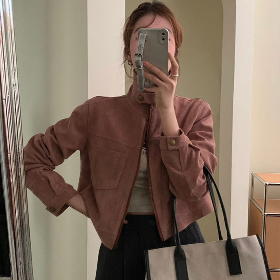复古设计感鹿皮绒气质显瘦立领短外套上衣5色
