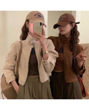 复古设计感鹿皮绒气质显瘦立领短外套上衣5色