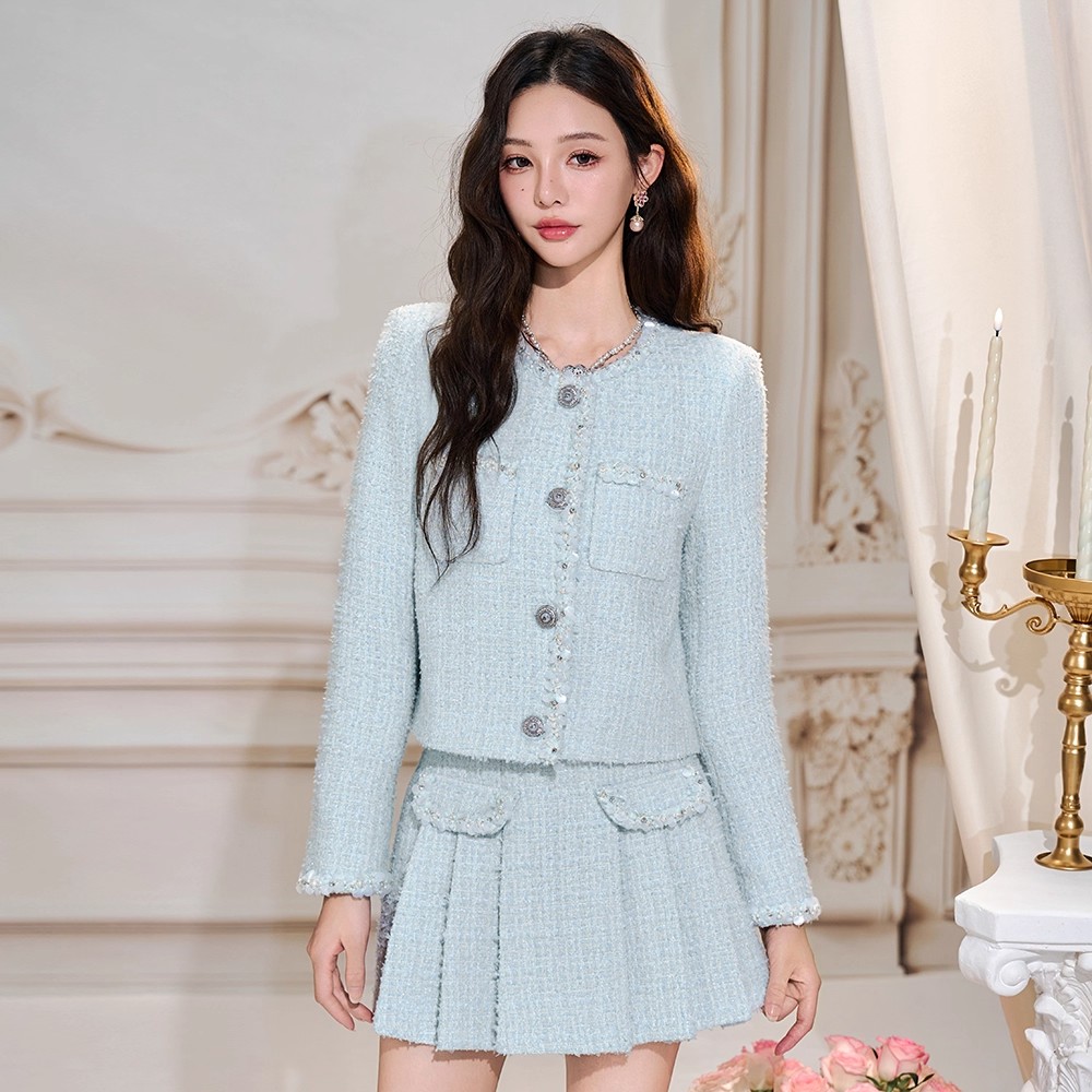 小香风套装粗花呢小香上衣百褶半裙