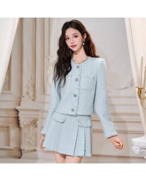 小香风套装粗花呢小香上衣百褶半裙