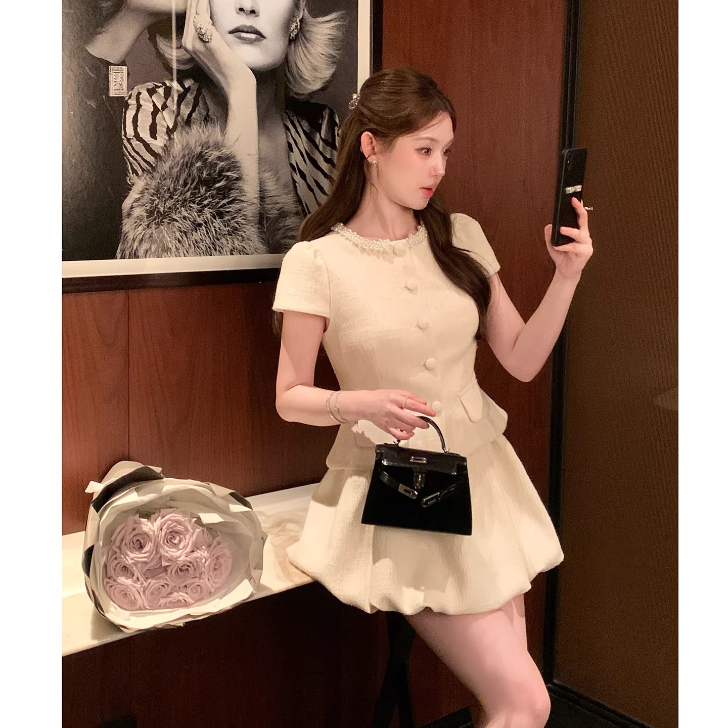 富家千金感小香风套装女春夏显瘦收腰外套花苞裙miu系穿搭