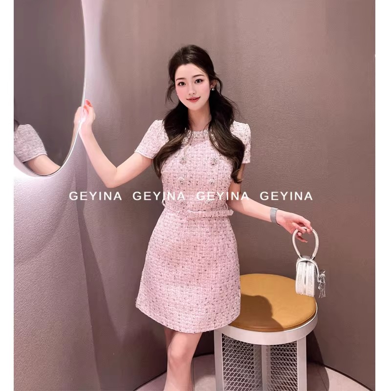 高定2026春夏新款S红粉混色P短袖小香风千金感粗花呢连衣裙
