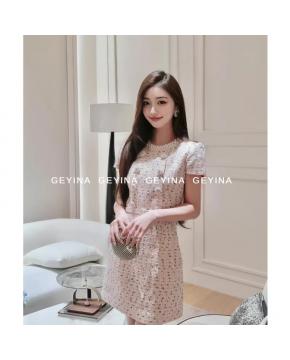 高定2026春夏新款S红粉混色P短袖小香风千金感粗花呢连衣裙