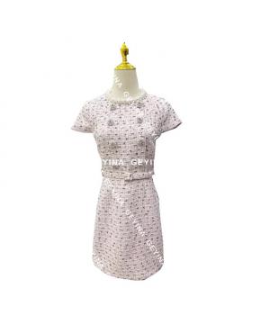 高定2026春夏新款S红粉混色P短袖小香风千金感粗花呢连衣裙