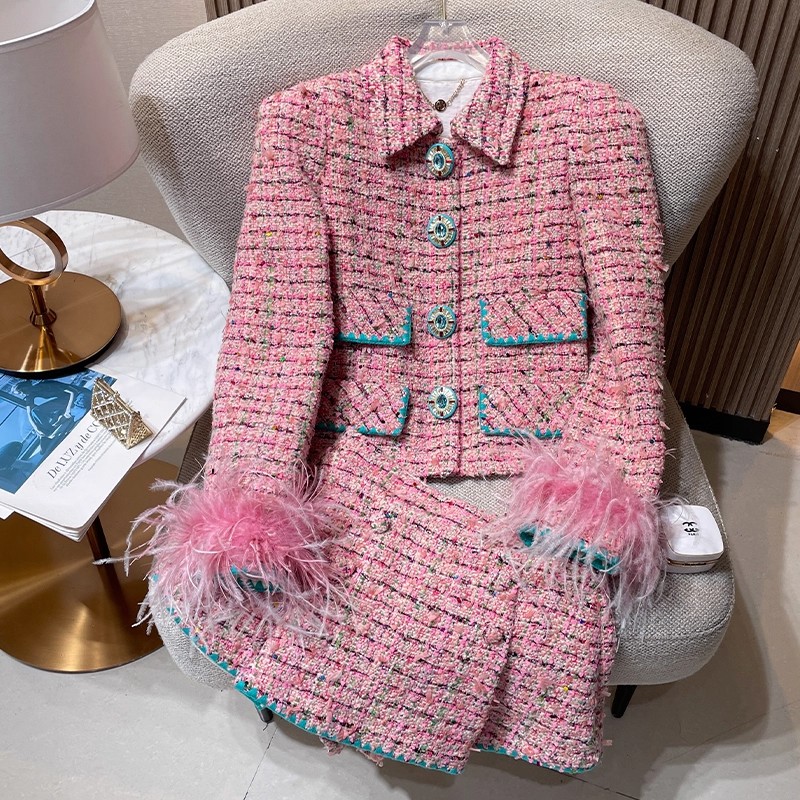粉色粗花呢套装新款高级感小香风羽毛拼接外套半裙两件套