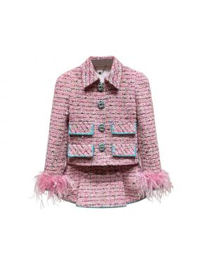 粉色粗花呢套装新款高级感小香风羽毛拼接外套半裙两件套